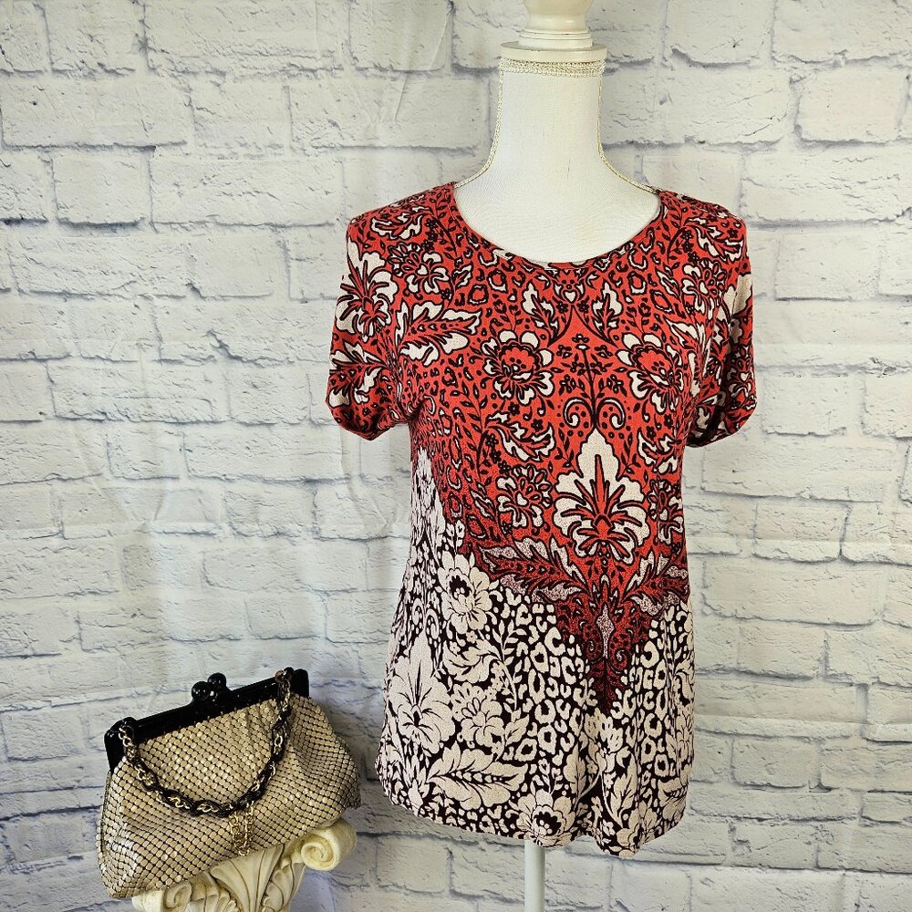NWT Alkamy Size S Rust Orange/Brown Floral Print Cap Sleeve Soft Knit Top Blouse